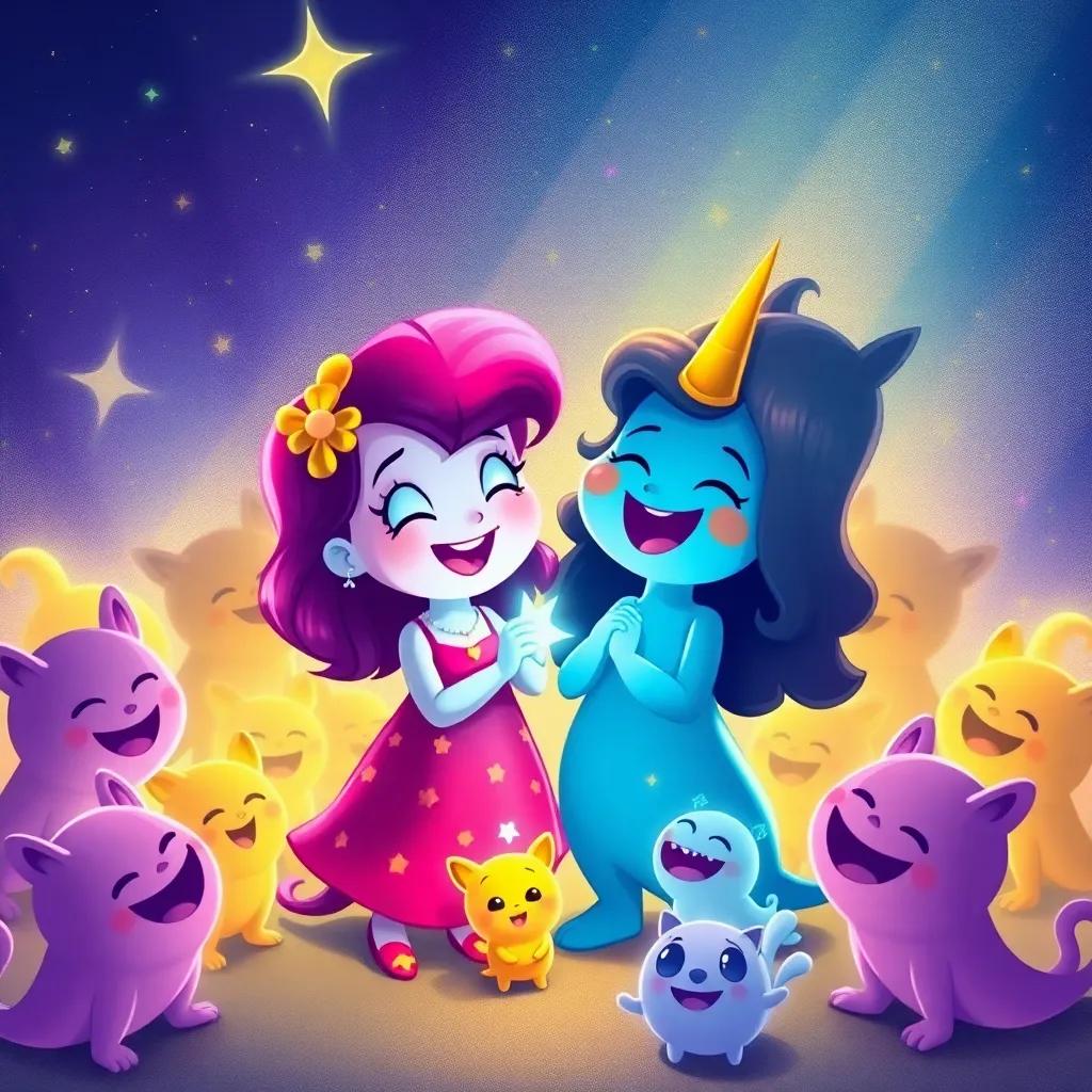 Mia and Sparkle surrounded by giggly shadow creatures, all laughing together under a starry sky, colorful lighting creating a joyful scene, illustration, heartwarming, playful colors, high quality