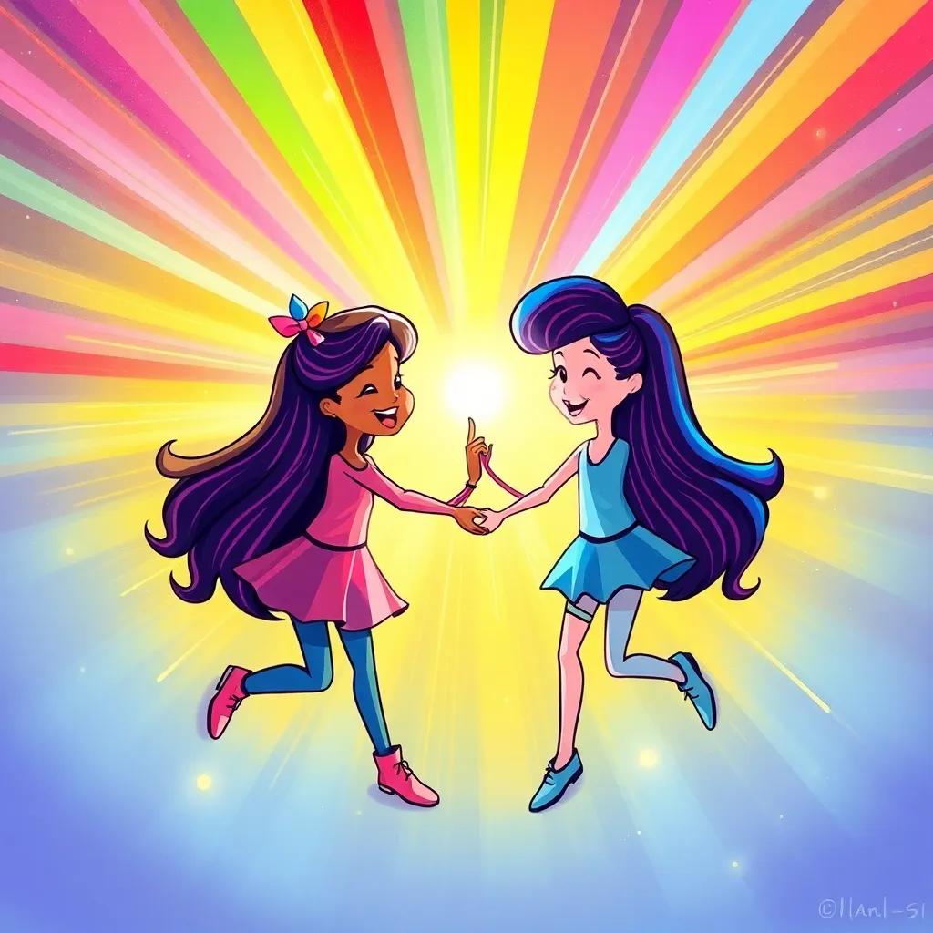Mia and Sparkle holding hands, spinning in a colorful light as they chant to create a rainbow, vibrant rainbow colors bursting forth, digital illustration, dynamic composition, cheerful vibe, high quality