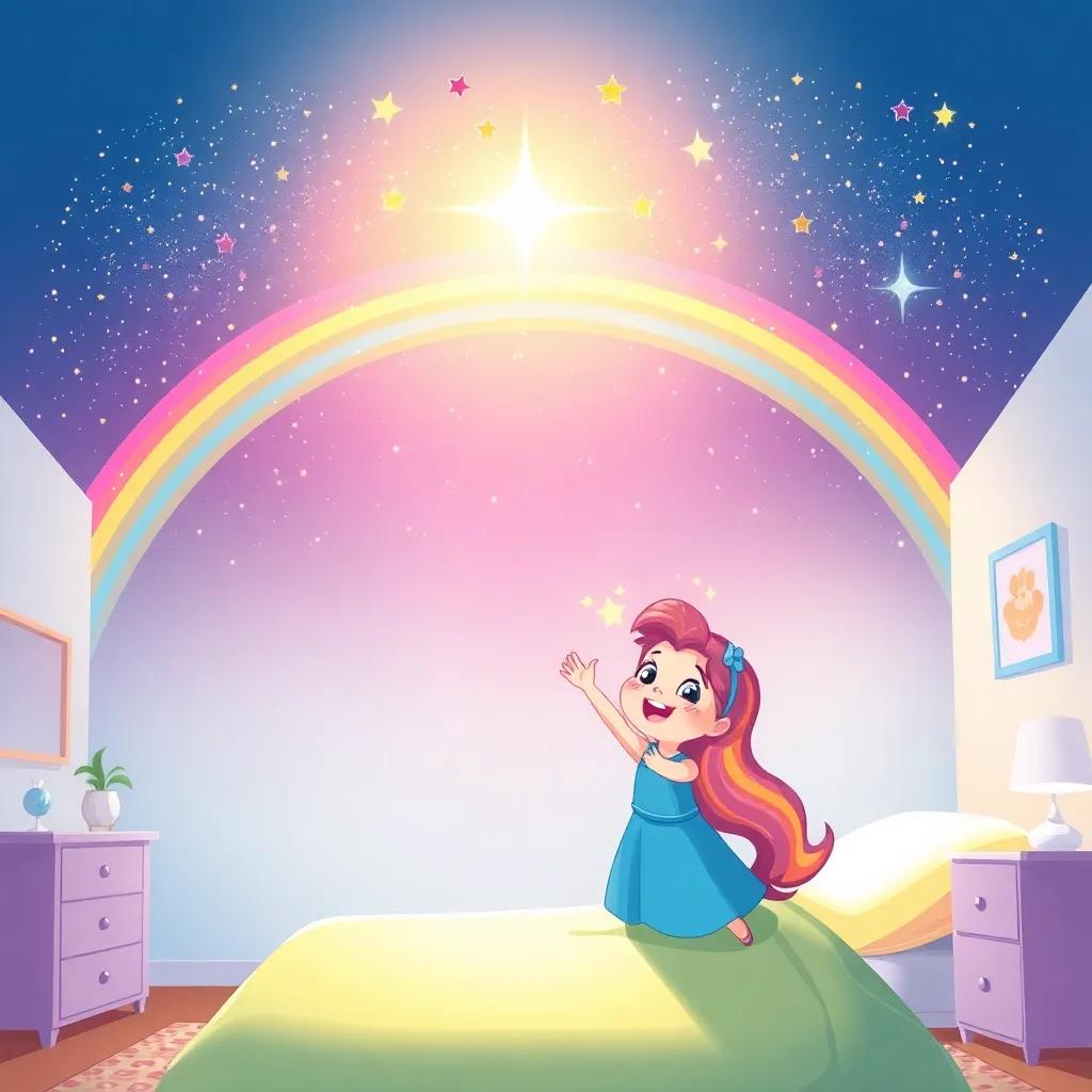 A bright rainbow arching across the sky as the stars shine brilliantly above Mia's room, with Mia and Sparkle cheering together, digital art, joyful, colorful atmosphere, heartfelt essence, high quality