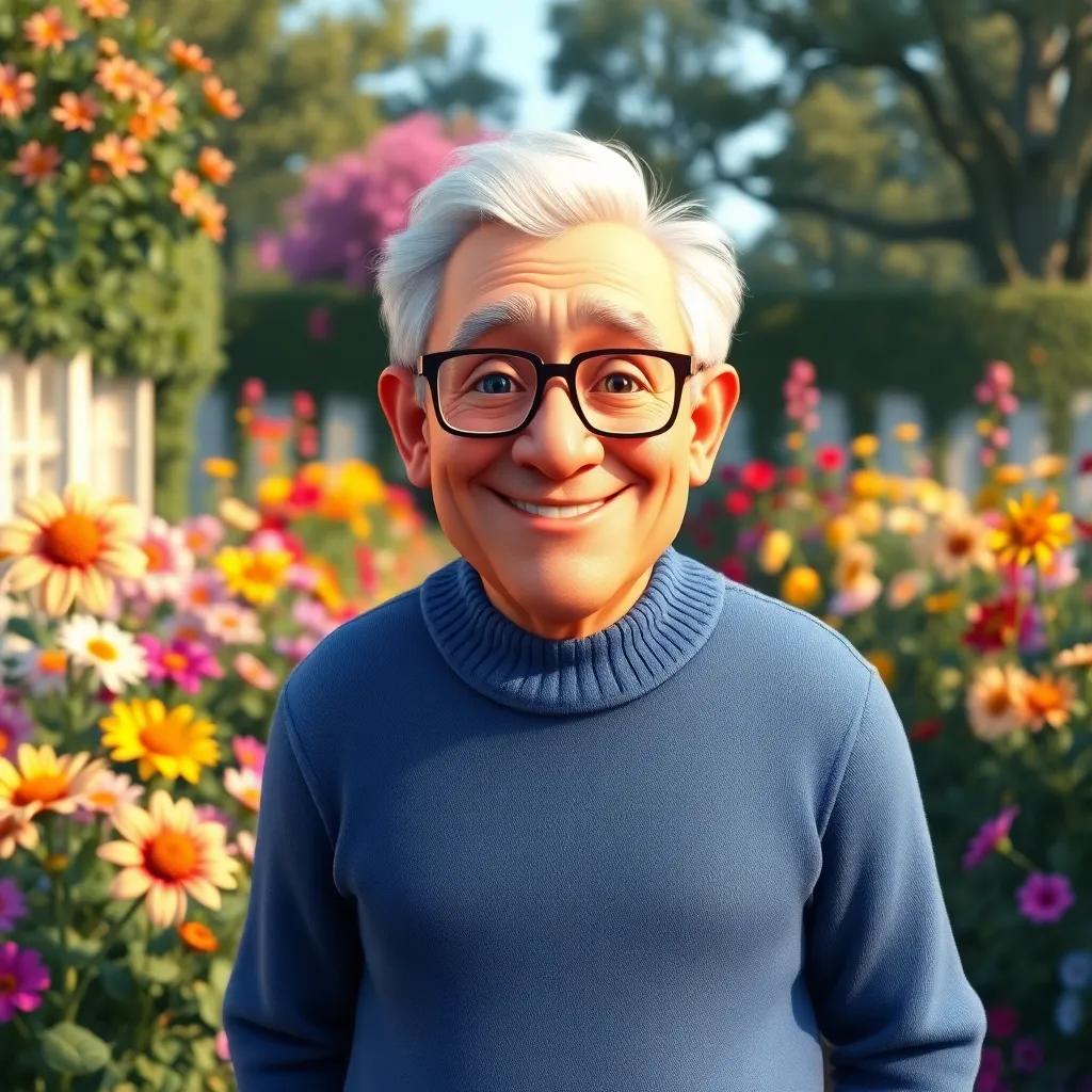 A tall elderly man, Mr. Thompson, with silver hair and glasses, wearing a cozy blue sweater, standing in his colorful garden with flowers blooming, smiling warmly, digital art, cheerful atmosphere, vibrant colors, inviting perspective, high quality