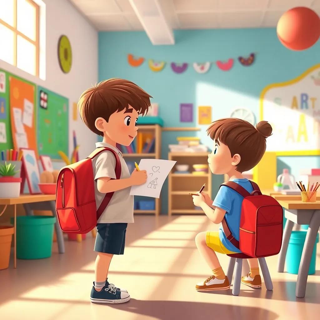 A young child with a backpack, showing a drawing to a classmate in a bright classroom filled with art supplies and colorful decorations, illustration, warm light, inviting and friendly, engaging scene, high quality
