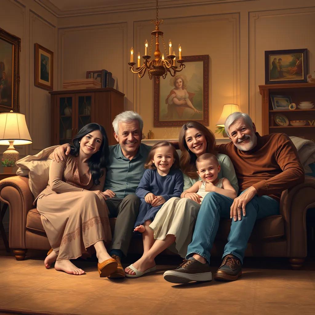 A happy family sitting in a living room, enjoying time together, warm lighting, cozy atmosphere, digital art, cheerful expressions, high quality