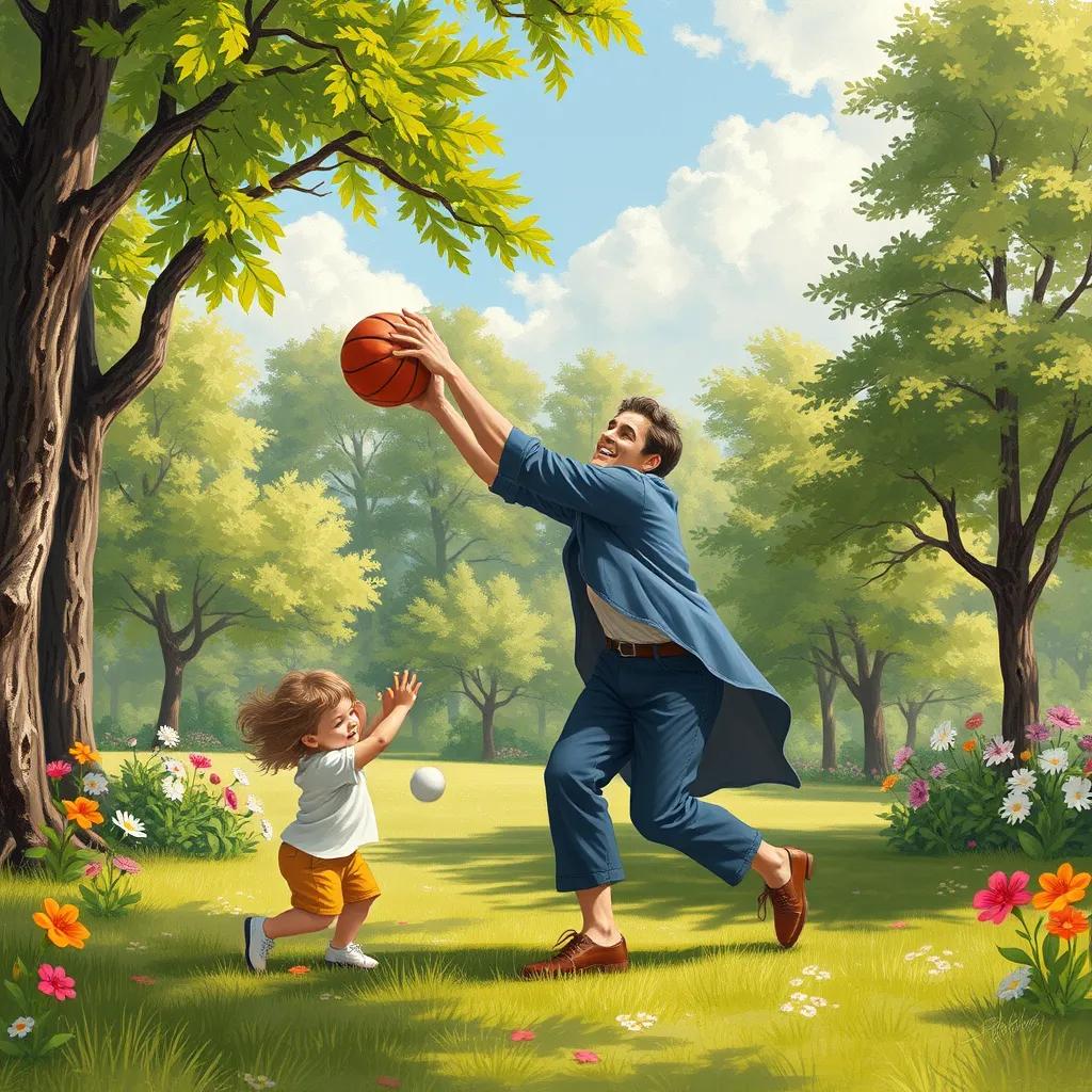 A father playing catch with a child in a sunny park, surrounded by green trees and flowers, cheerful and vibrant scene, detailed illustration
