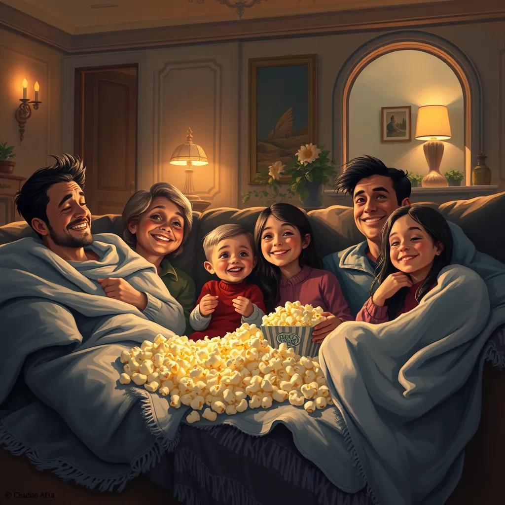 A cozy living room filled with blankets and popcorn, a family watching a movie, soft lighting, smiles on their faces, inviting atmosphere, digital painting