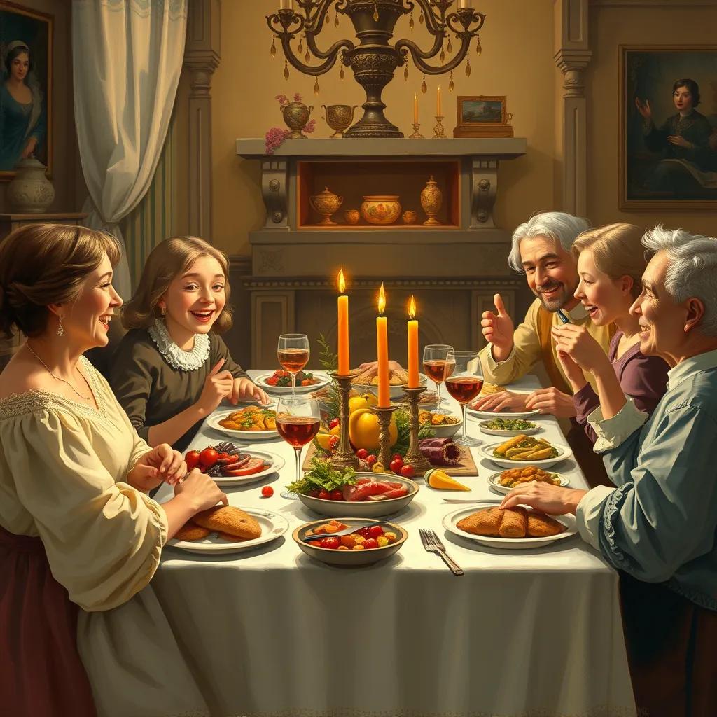 A family gathered around the dinner table, with delicious food, laughter, and chat, warm light, happy expressions, illustration with rich colors