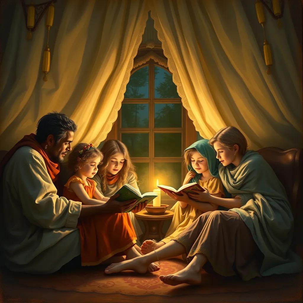 A family sitting in a circle, telling stories before bed, soft and warm lighting, love in the air, heartwarming scene, detailed art
