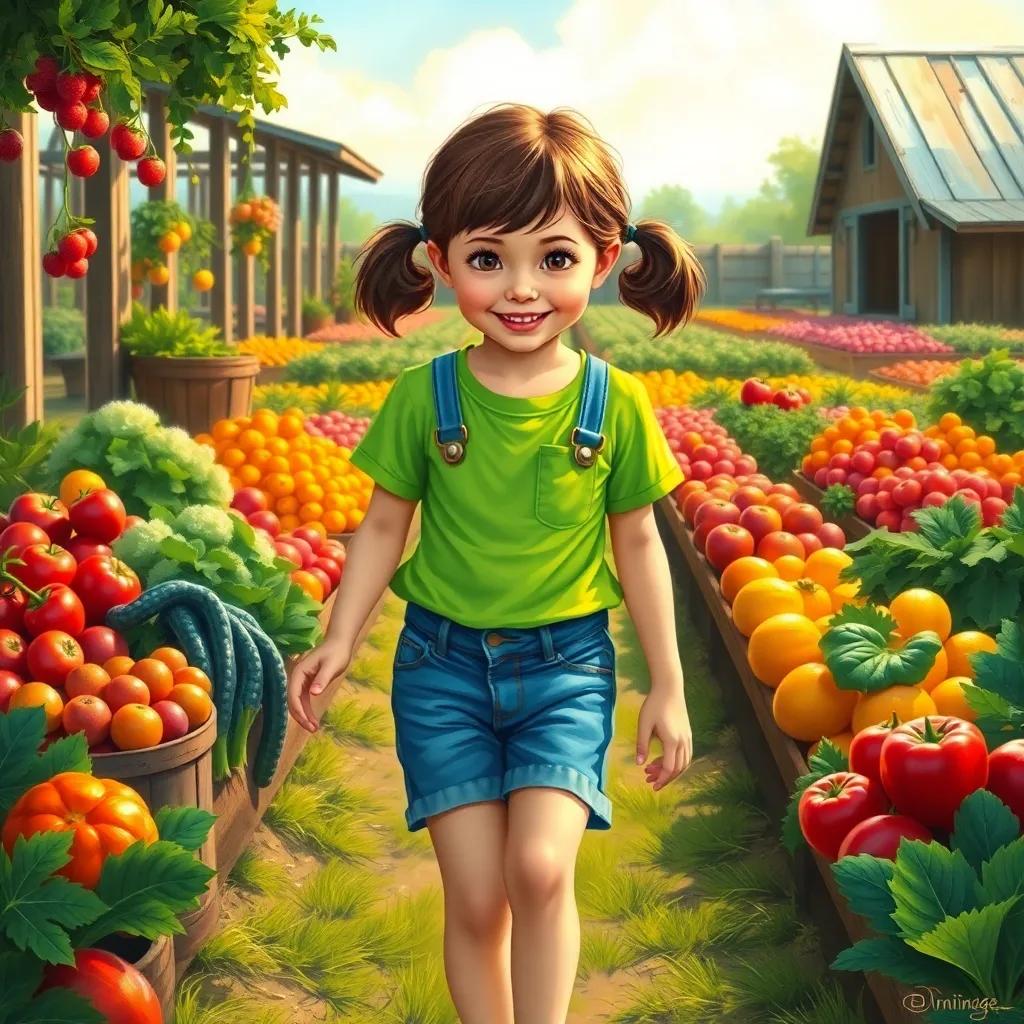A young girl, Myriam, with brown hair in pigtails, wearing a bright green shirt and denim shorts, walking on a vibrant farm with colorful fruits and vegetables around her, cheerful atmosphere, warm sunlight, child-friendly, fun scene
