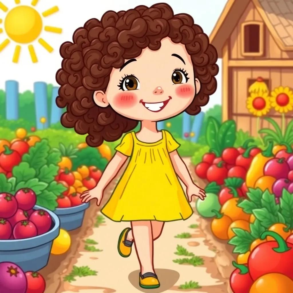A cheerful young girl, Myriam, with curly brown hair wearing a bright yellow dress, walking on a colorful farm filled with fruits and vegetables, sunny day, detailed illustration, vibrant colors, cheerful atmosphere, high quality