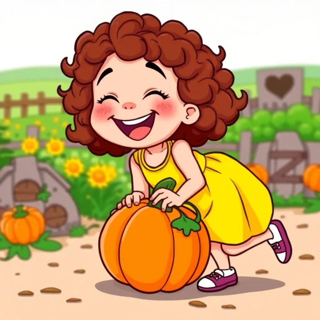 Myriam, a cheerful young girl with curly brown hair in a bright yellow dress, stumbling over a funny orange pumpkin, laughing with joy, colorful farm background, cartoon style, playful mood, high quality