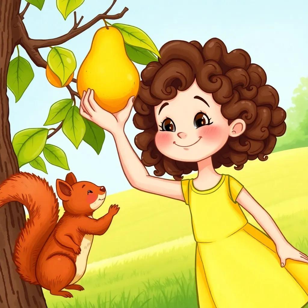 Myriam, a cheerful young girl with curly brown hair in a bright yellow dress, reaching for a pear on a beautiful tree, while a cheeky squirrel grabs it first, bright farm day, humorous scene, vibrant colors, high quality