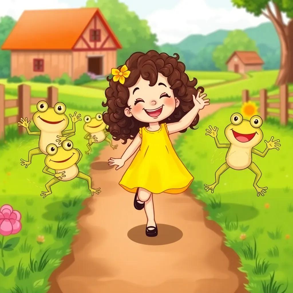 Myriam, a cheerful young girl with curly brown hair in a bright yellow dress, joining funny frogs jumping down a path, bouncing and laughing, colorful farm scene, joyful atmosphere, cartoon style, high quality