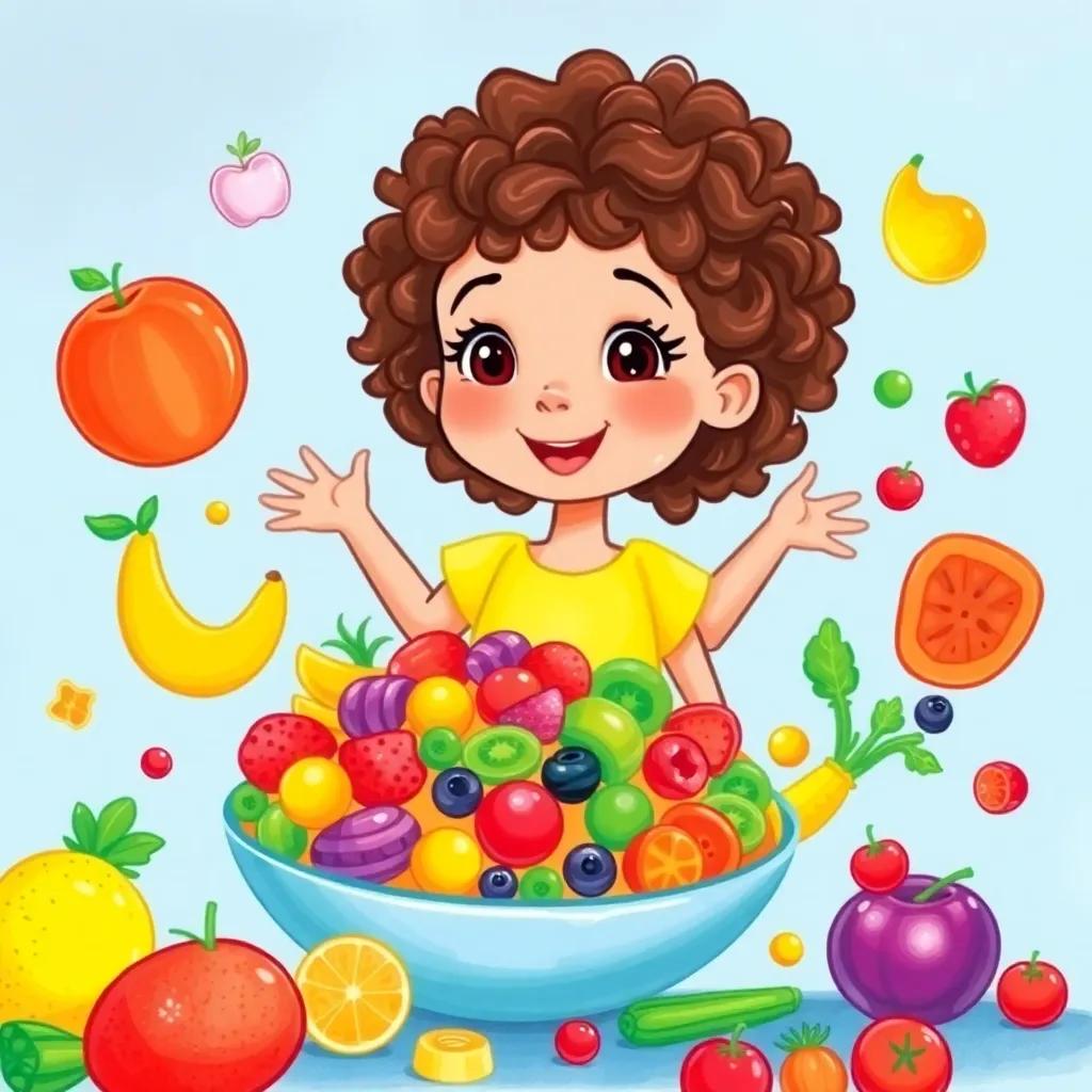 Myriam, a cheerful young girl with curly brown hair in a bright yellow dress, imagining a giant fruit salad with fruits and veggies, colorful ingredients around her, bright and vibrant colors, imagination and creativity, high quality