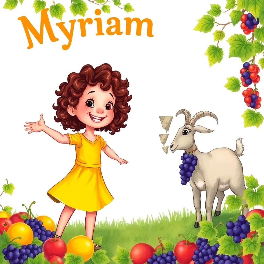 Myriam, a cheerful young girl with curly brown hair in a bright yellow dress, shooing away a playful goat trying to nibble grapes, lots of fruits around, humorous scene, detailed illustration, bright colors, high quality