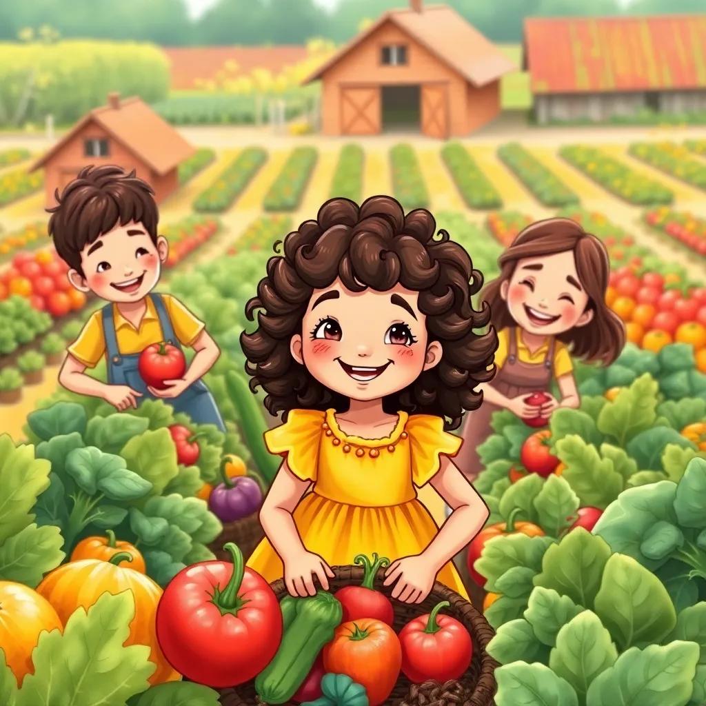 Myriam, a cheerful young girl with curly brown hair in a bright yellow dress, with her friends Sam and Lily, gathering fruits and vegetables in a big vegetable patch, teamwork and laughter, colorful farm background, joyful atmosphere, high quality