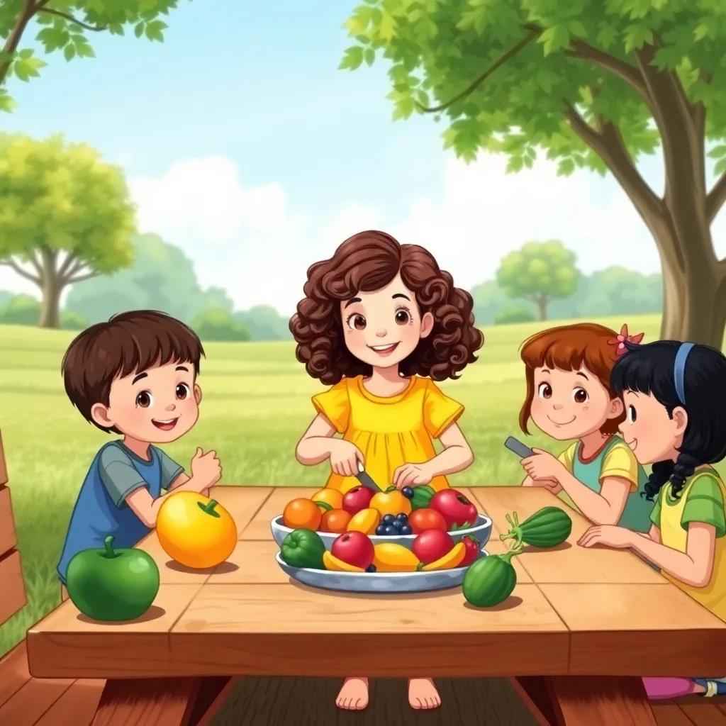 Myriam, a cheerful young girl with curly brown hair in a bright yellow dress, cutting fruits at a picnic table with her friends, colorful fruit salad in front of them, smiling faces, cheerful farm setting, bright colors, high quality