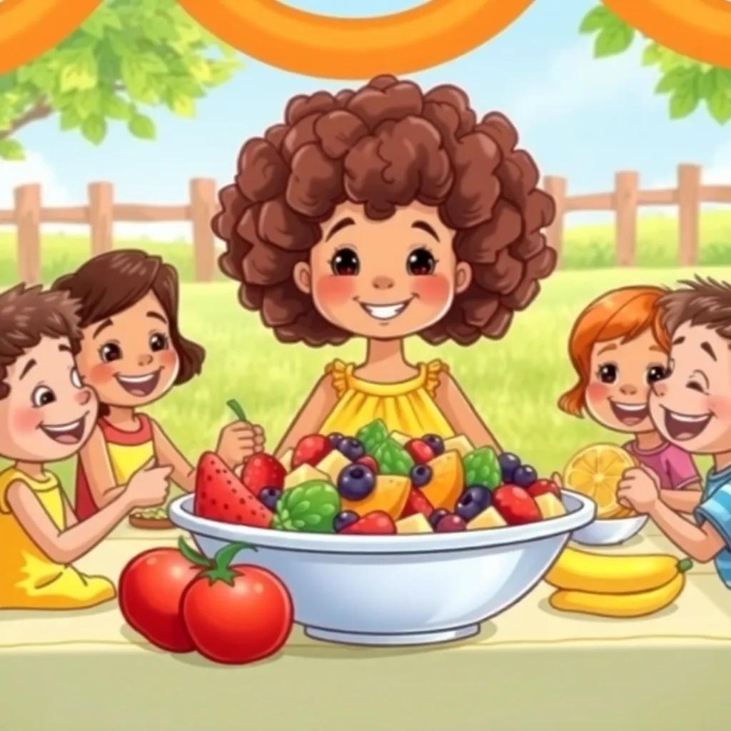 Myriam, a cheerful young girl with curly brown hair in a bright yellow dress, feasting on a giant fruit salad with her friends, all smiling and enjoying the meal, sunny farm picnic table, cheerful atmosphere, bright and colorful, high quality