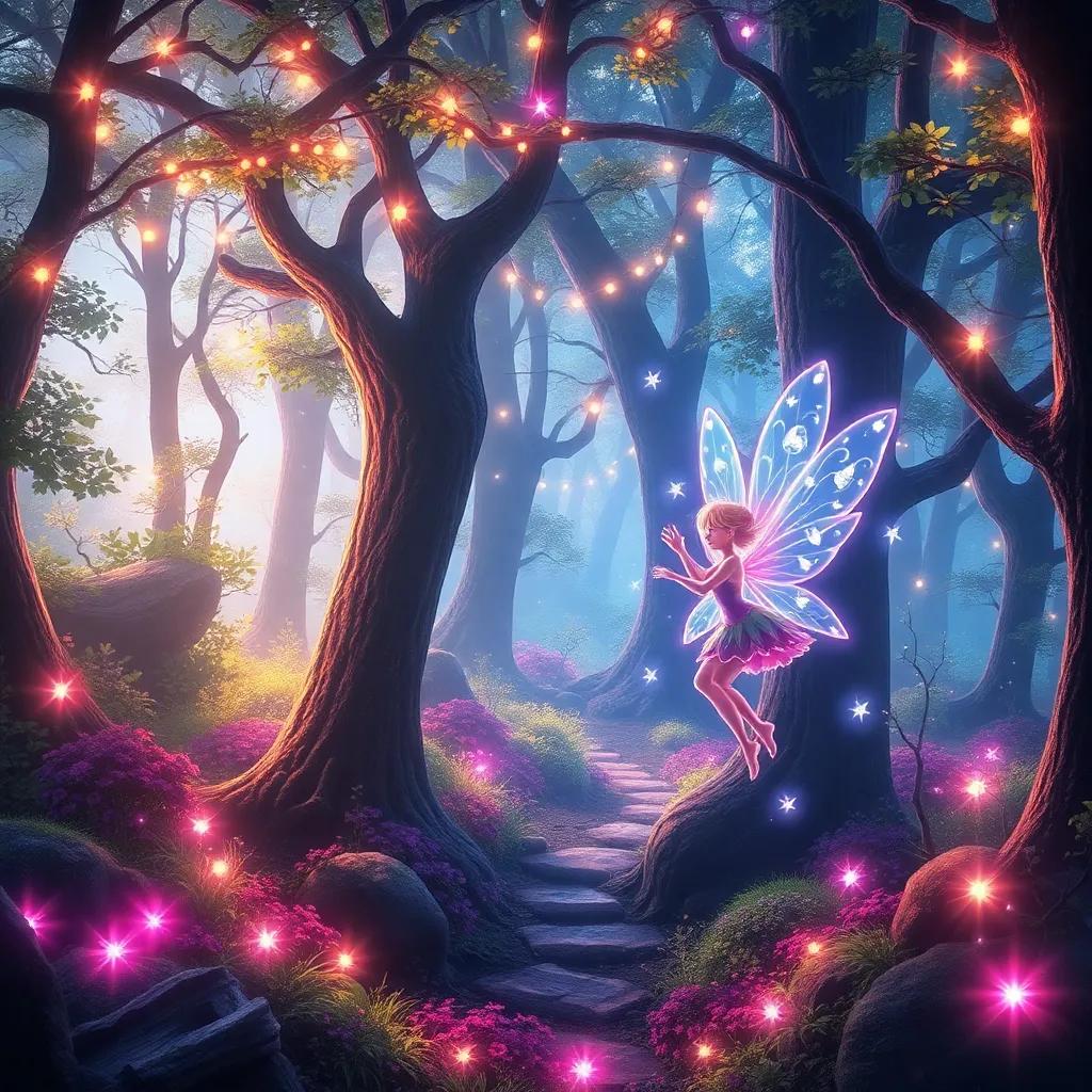 A magical scene in the enchanted forest of Willowbend with trees and fairy lights, a fairy named Lila with sparkling wings, bright colors, whimsical atmosphere, detailed digital art