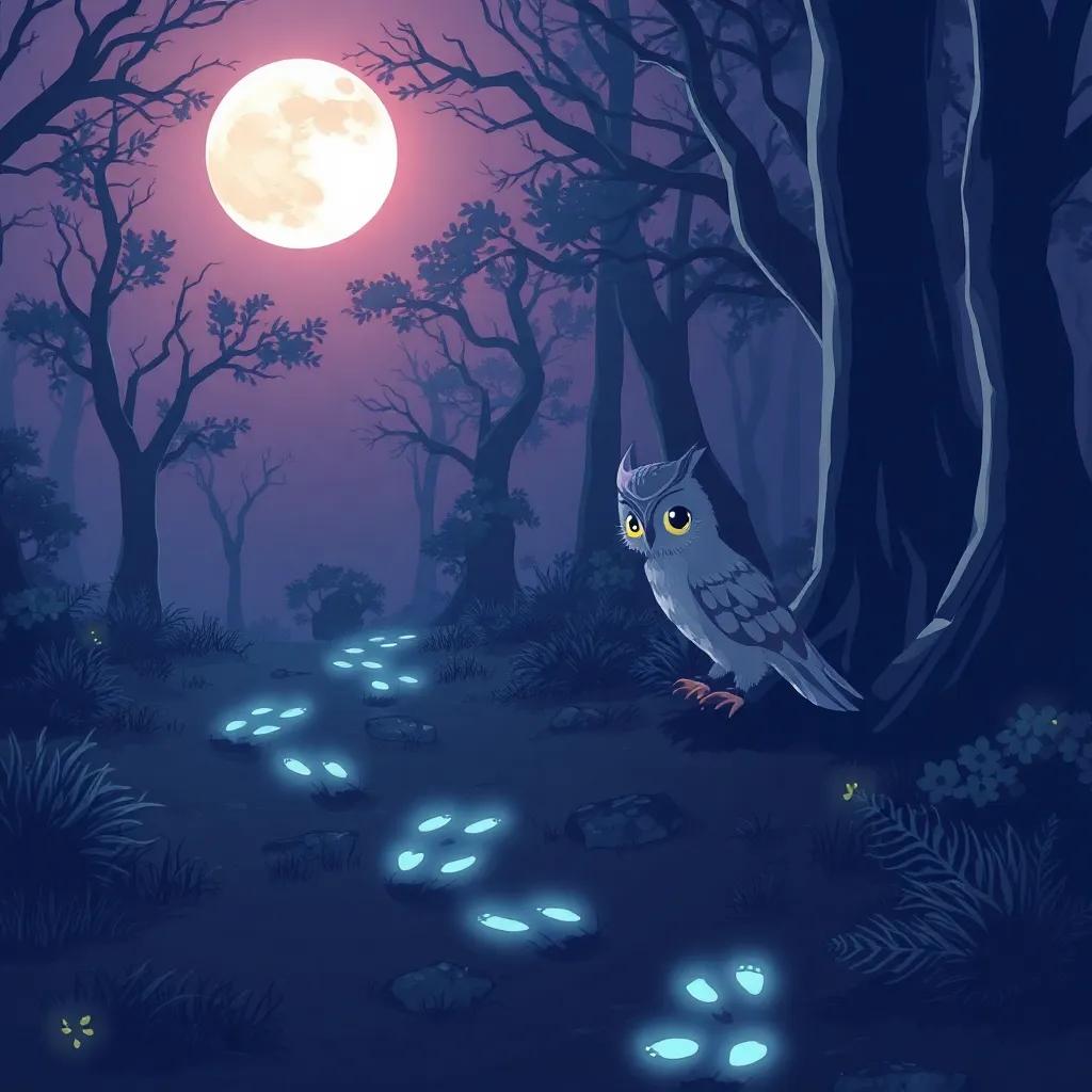 An illustration of the Moonlit Grove with glimmering footprints, a wise old owl named Benny examining the ground, a soft glow from the moon, peaceful yet mysterious, high quality