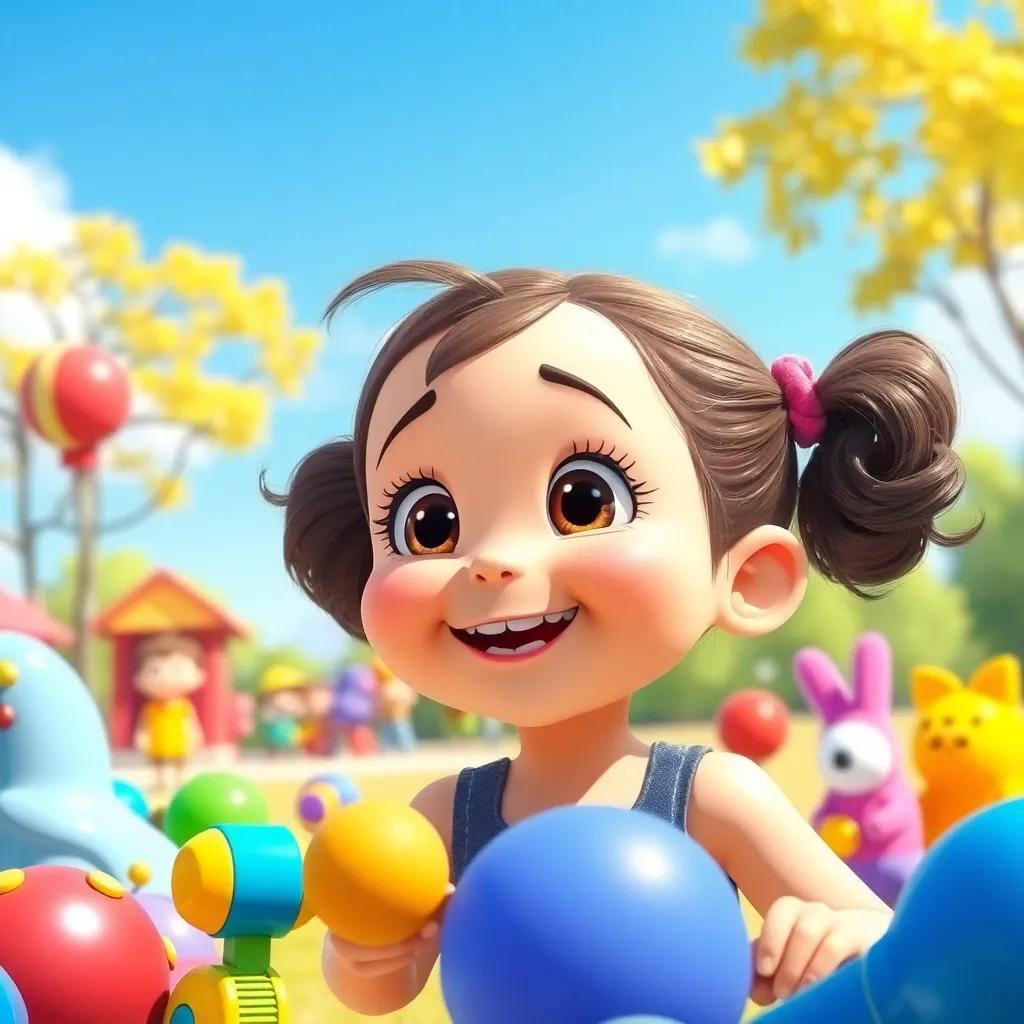 Nadia, a cheerful young girl with bright eyes, playing in a sunny park, surrounded by colorful toys, blue sky, joyful atmosphere, digital art, vibrant colors, high quality