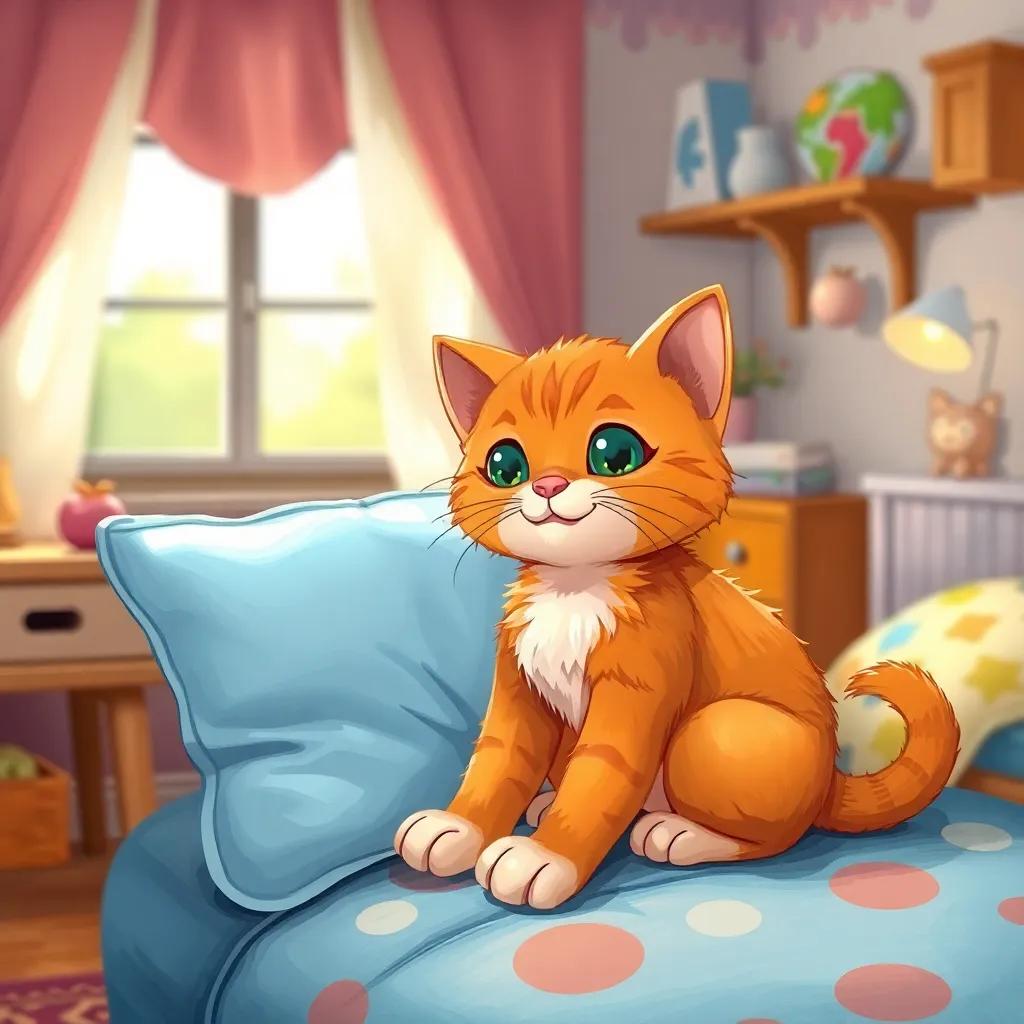 A playful ginger toy cat named Nahla sitting on a soft blue pillow in a cozy child's room, looking cheerful and inviting, illustration, warm colors, soft lighting, friendly atmosphere, high quality