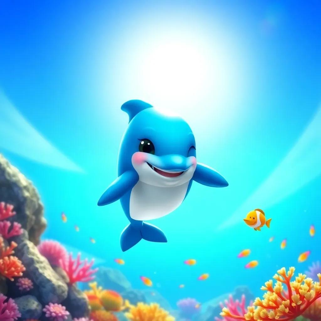 A little dolphin named Najm, with bright blue skin and a playful smile, jumping in the clear blue sea under the bright sun, surrounded by colorful coral and small fish, digital art, vibrant, cheerful atmosphere, high quality