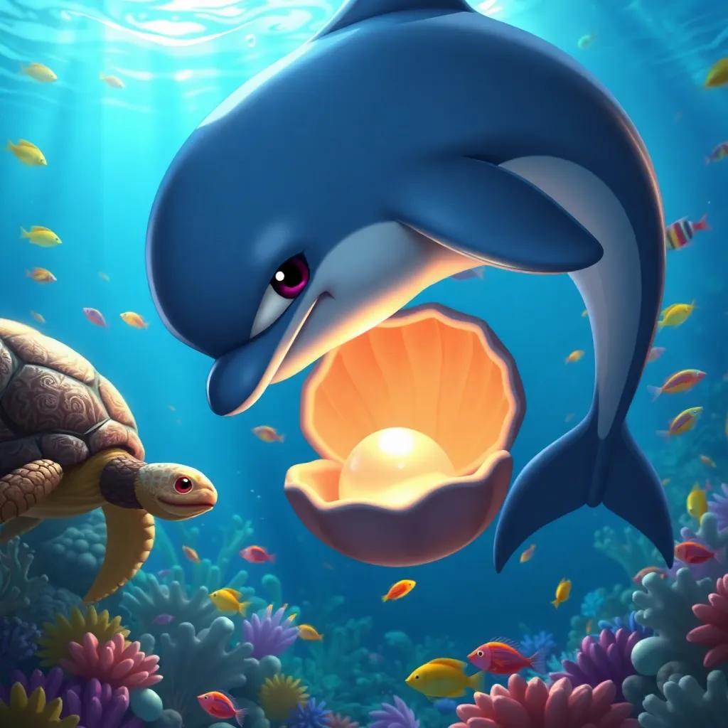 Najm, the adventurous dolphin, discovering a beautiful seashell with a shining pearl, with a wise old sea turtle nearby, underwater scene filled with colorful fish, bright light filtering from above, illustration, magical and inviting, high quality