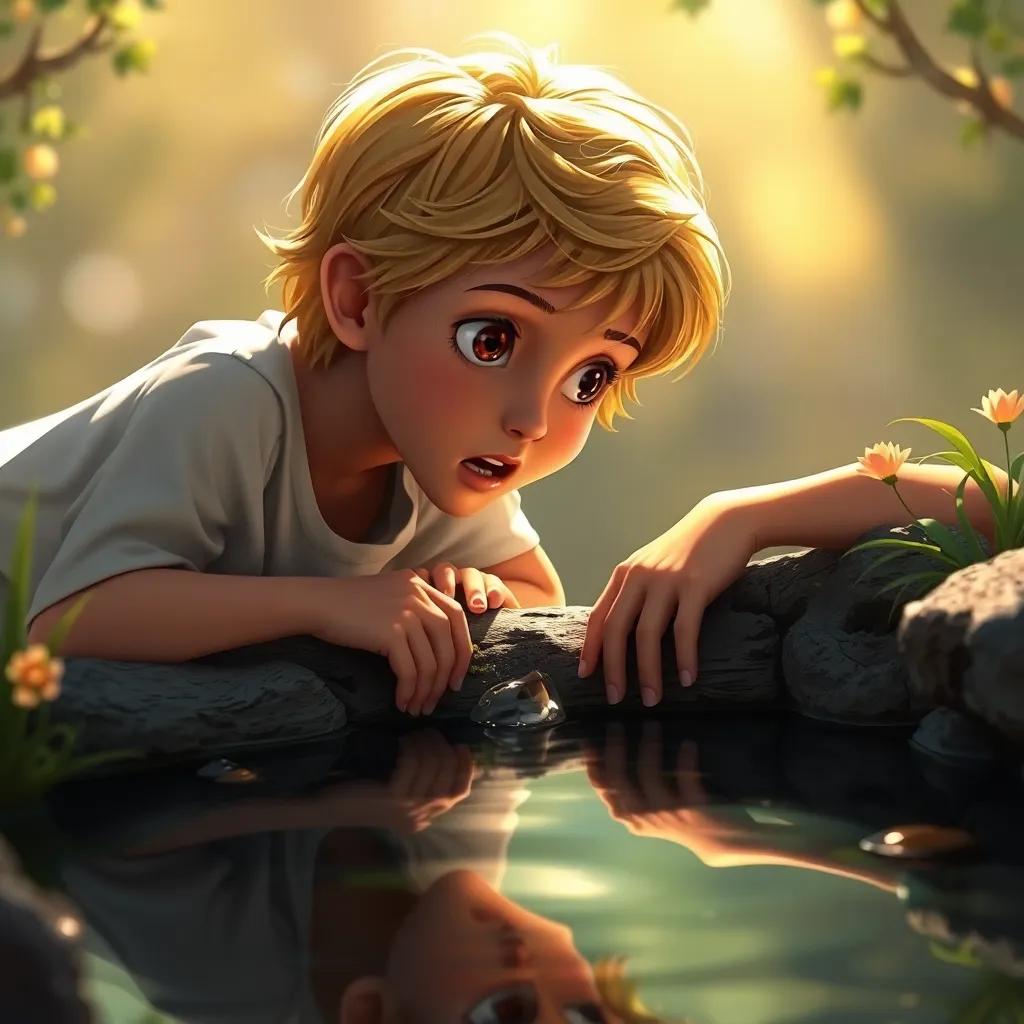 Narcissus, a young Greek boy with golden hair, leaning over the spring, heart full of longing, shocked expression as he sees a beautiful reflection, digital painting, enchanting, warm light, emotional perspective, high quality
