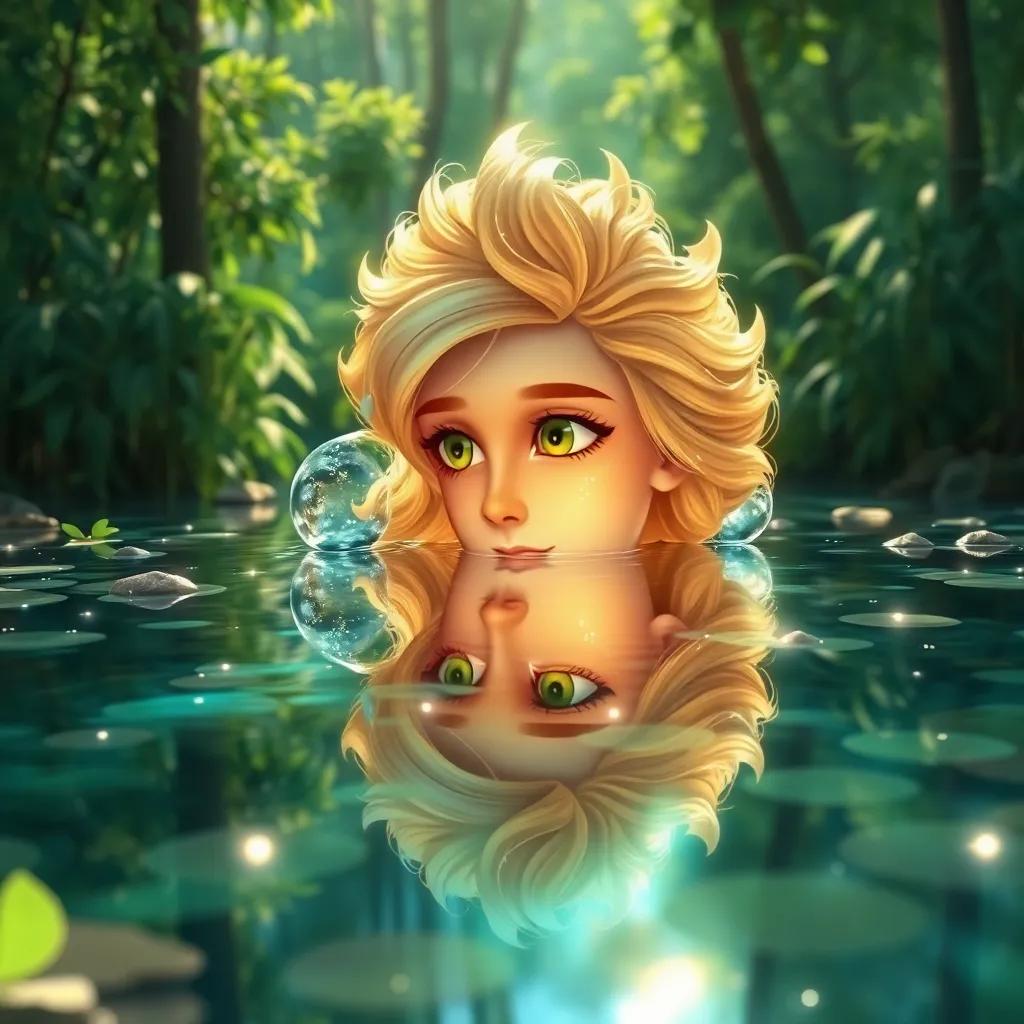 Glistening water with the face of Narcissus reflected, resembling his deceased twin sister, shimmering like a water-nymph, surrounded by a lush green forest, beautiful illustration, magical realism, vivid colors, high quality