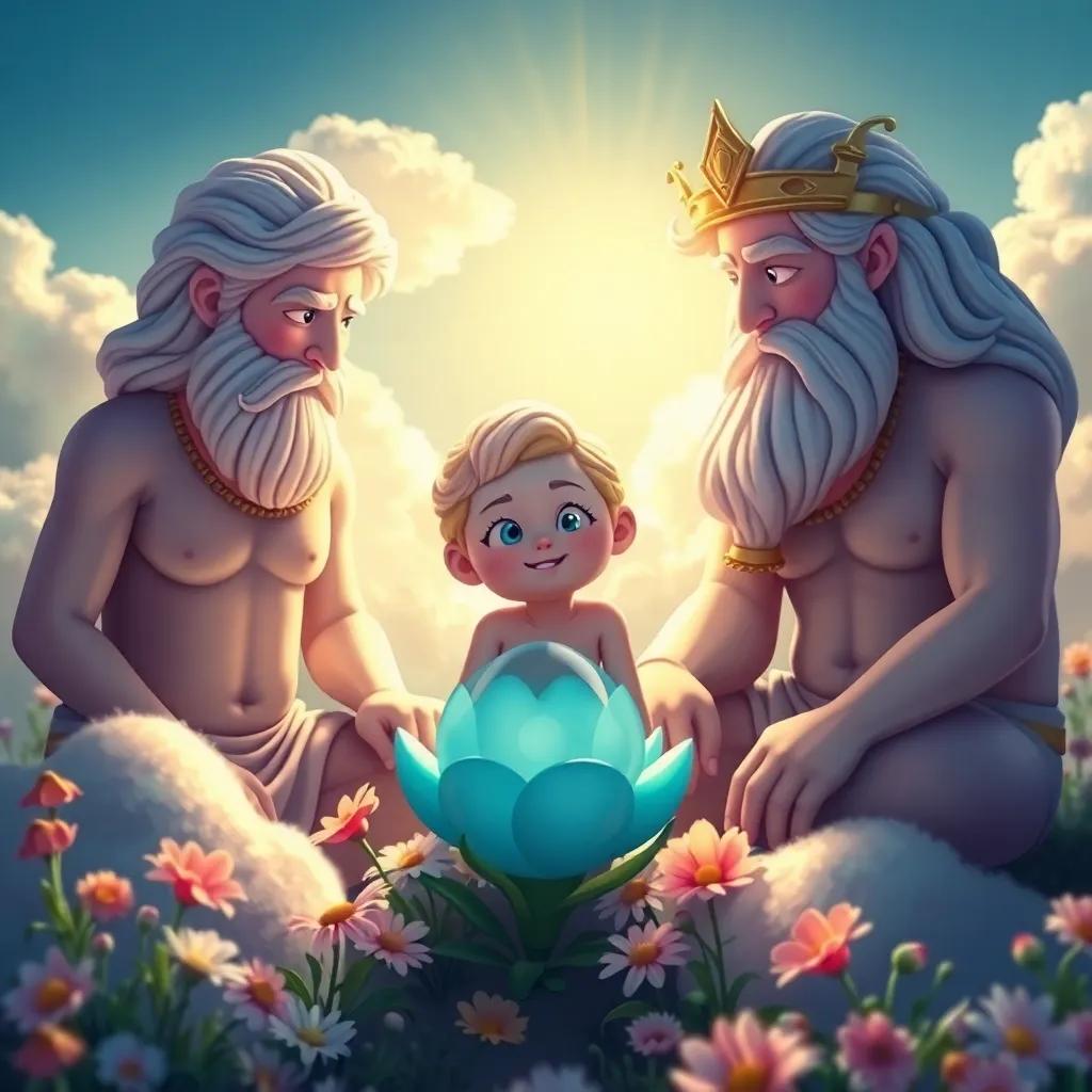 The gods of Olympus observing Narcissus with a sympathetic gaze, sitting amongst clouds and gentle light, surrounded by flowers and nature, delightful digital art, whimsical atmosphere, high quality