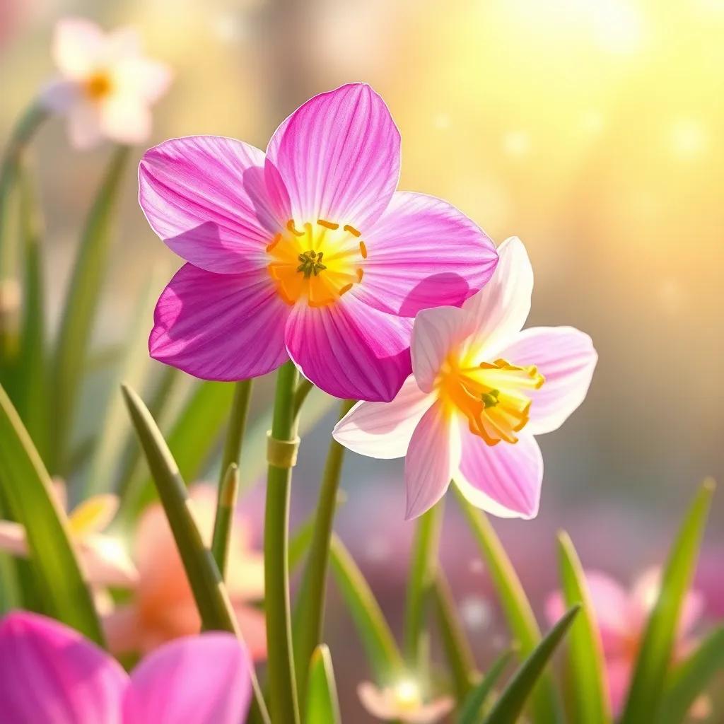 The first Narcissus flower blooming beside the sparkling spring, looking beautiful with vibrant petals and graceful stems, shimmering light dancing around it, stunning garden scene, splendid illustration, bright colors, high quality
