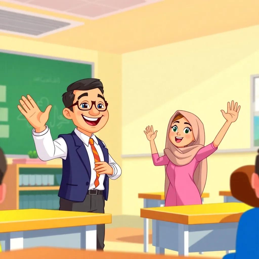 A bright and inviting classroom with Dr. Ashraf Awad at the front, smiling and gesturing, while Nasih and Mariam raise their hands enthusiastically, illustration, colorful and friendly, vibrant energy, child-friendly