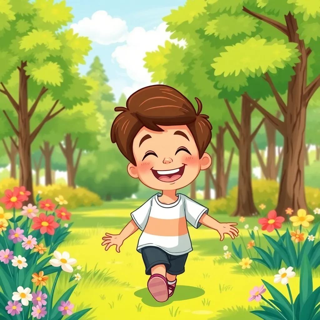 A joyful boy, Nasser, with brown hair and a big smile, playing in a green park with flowers and tall trees, sunny day, cheerful, vibrant colors, happy atmosphere