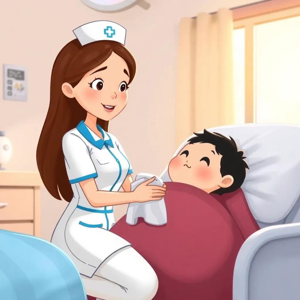 A kind nurse, Sarah, with long brown hair and a white uniform, kneeling beside Nasser in a hospital room, holding a soft cloth, bright and clean room, warm light, caring expression