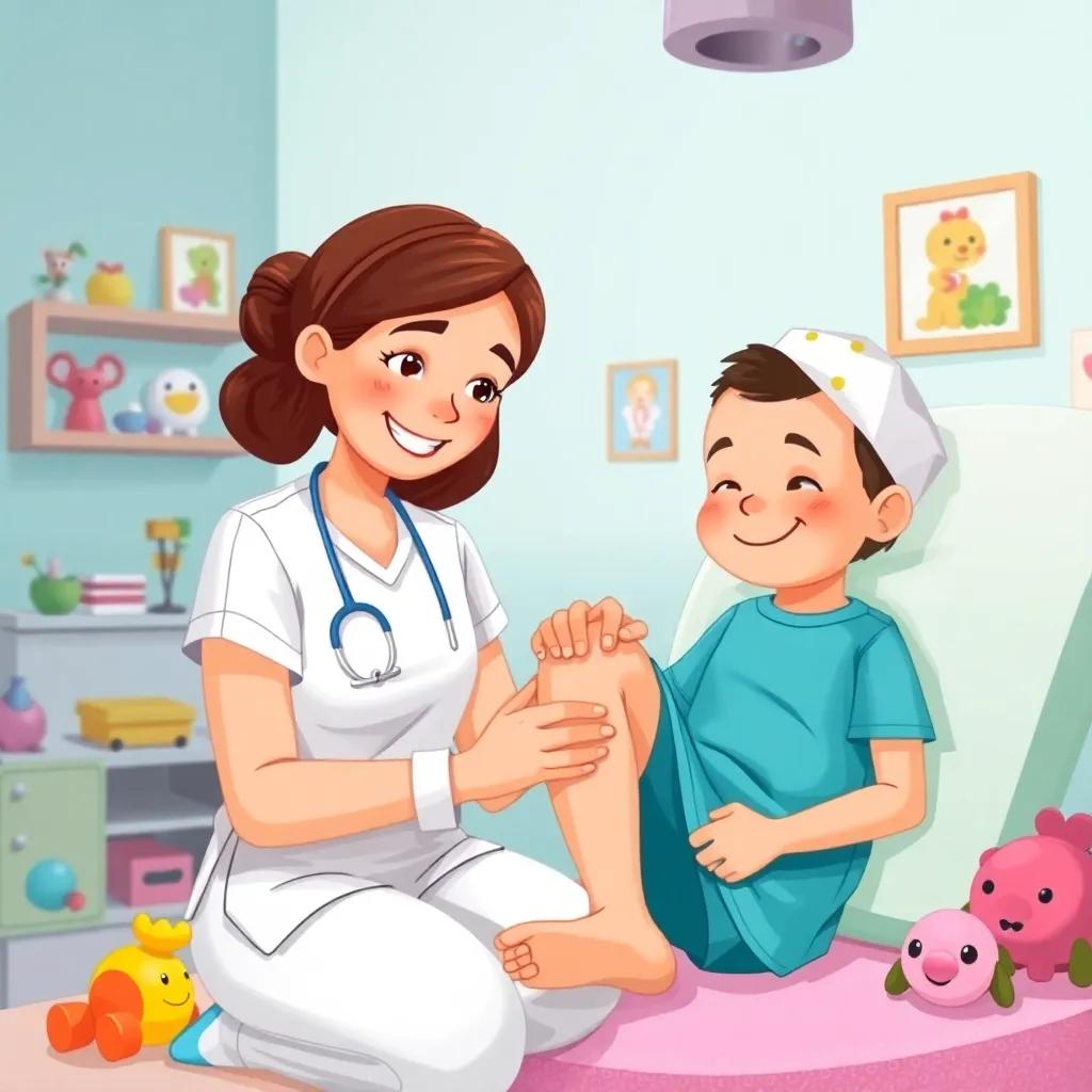 Nurse Sarah cleaning Nasser's knee with a gentle smile, focused and calm, colorful hospital setting with toys and pictures, friendly and comforting, cheerful illustration