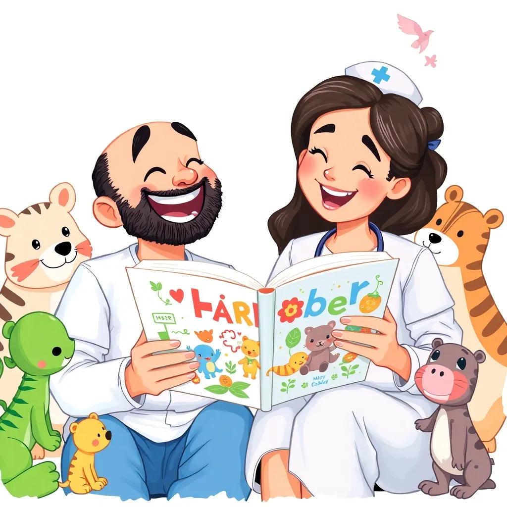 Nasser laughing and reading a colorful book with Nurse Sarah, surrounded by animal characters, illustrated pages, bright and fun, joyful sharing moment