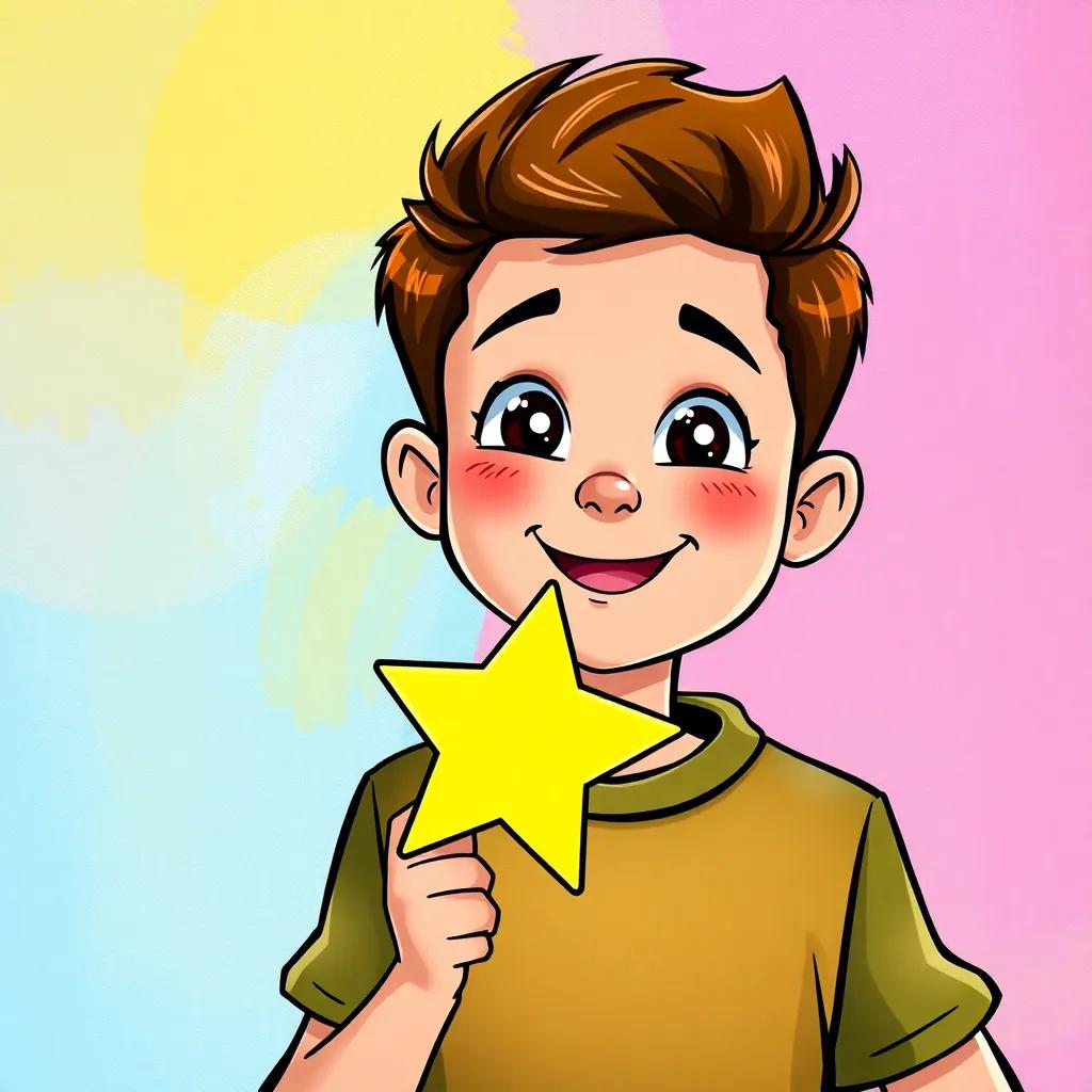 Nasser feeling proud with a bright star sticker in his hand, looking at the camera with a big smile, colorful background, cheerful and uplifting moments
