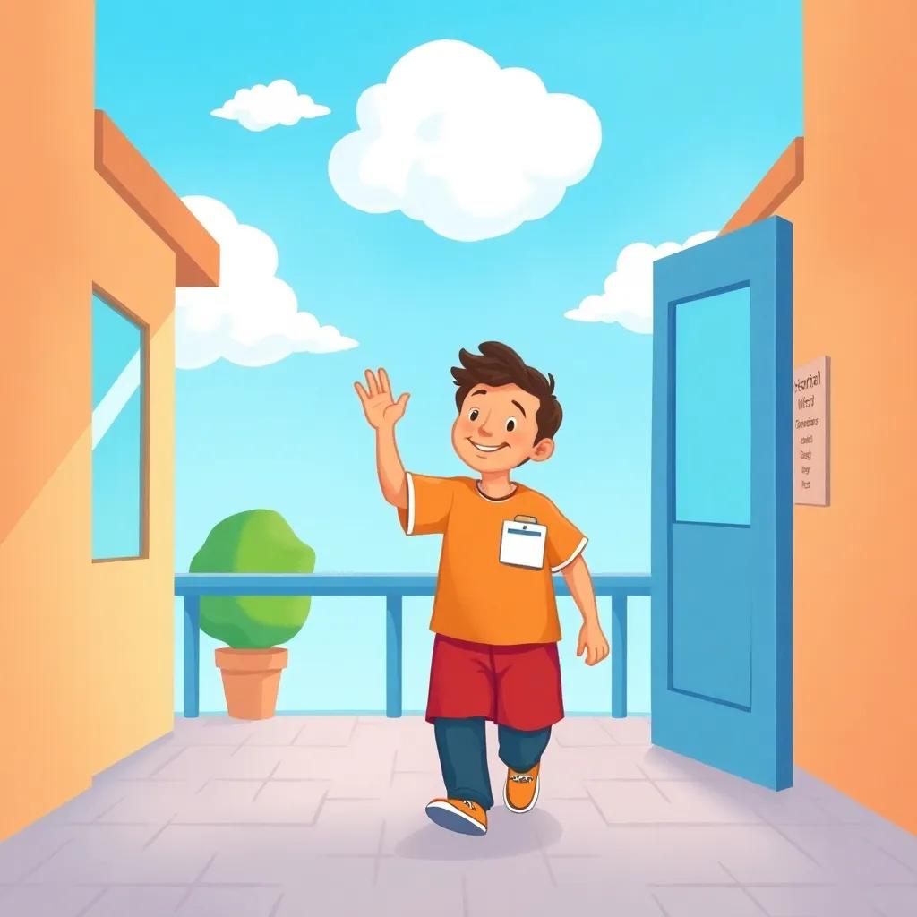 Nasser waving goodbye to Nurse Sarah, walking out of the hospital with a bright blue sky and happy clouds, feeling grateful, bright and warm colors