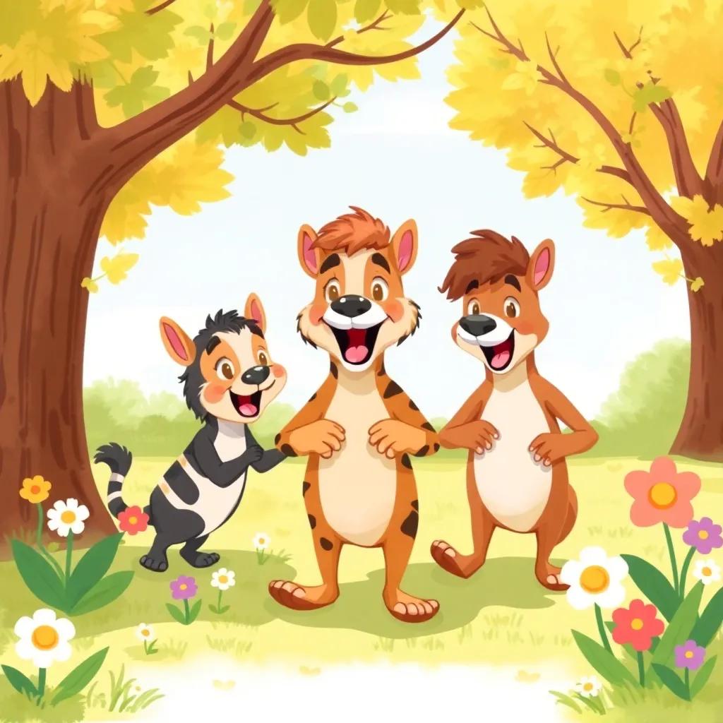 Nasser playing safely in the park, surrounded by friends and flowers, showing caution while having fun, sunny and cheerful, happy atmosphere