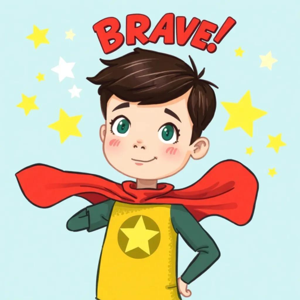 Nasser thinking of becoming brave like a superhero, daydreaming with stars and capes around his head, colorful and imaginative, child-friendly illustration