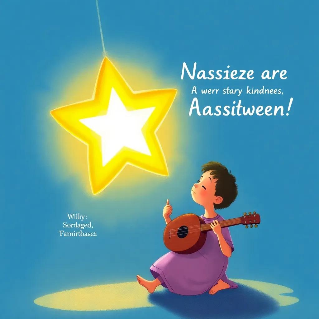 A bright star shining over Nasser as he plays, symbolizing courage and kindness, warm light, uplifting scene, child-friendly vibes