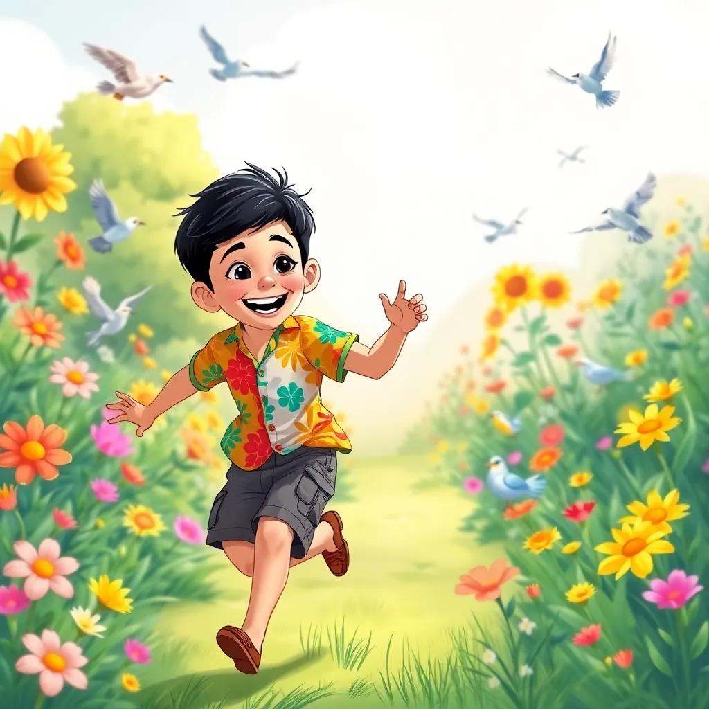 Nasser, a young Middle-Eastern boy, with short black hair, wearing a colorful shirt and cargo shorts, excitedly running in a bright garden full of flowers and birds, sunny day, digital art, cheerful atmosphere, vibrant colors, high quality