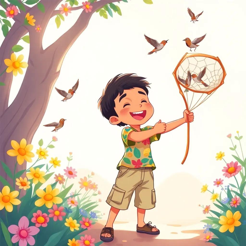 Nasser, a young Middle-Eastern boy, with short black hair, wearing a colorful shirt and cargo shorts, laughing joyfully as he catches sparrows in his net, colorful flowers around, warm sunlight, cartoon style, fun, bright, high quality