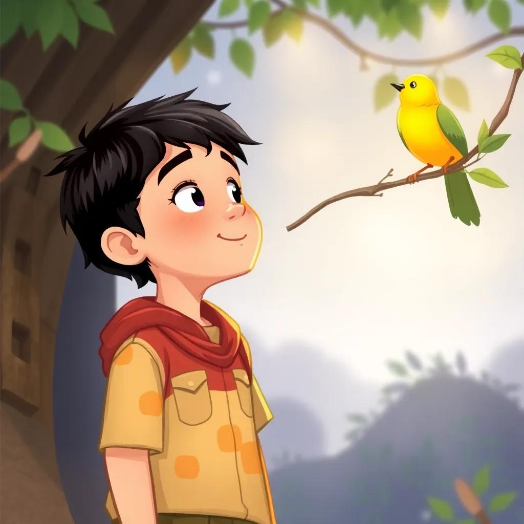 Nasser, a young Middle-Eastern boy, with short black hair, wearing a colorful shirt and cargo shorts, gazing up at a beautiful yellow canary singing on a branch, magical atmosphere, hopeful look, digital art, soft light, cheerful colors, high quality