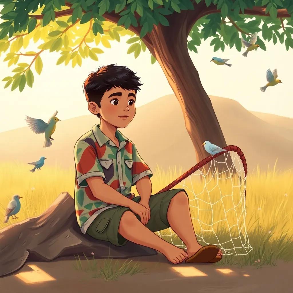 Nasser, a young Middle-Eastern boy, with short black hair, wearing a colorful shirt and cargo shorts, sitting under a shady tree with a net beside him, surrounded by birds, gentle and thoughtful expression, lovely afternoon light, warm colors, heartwarming scene, high quality