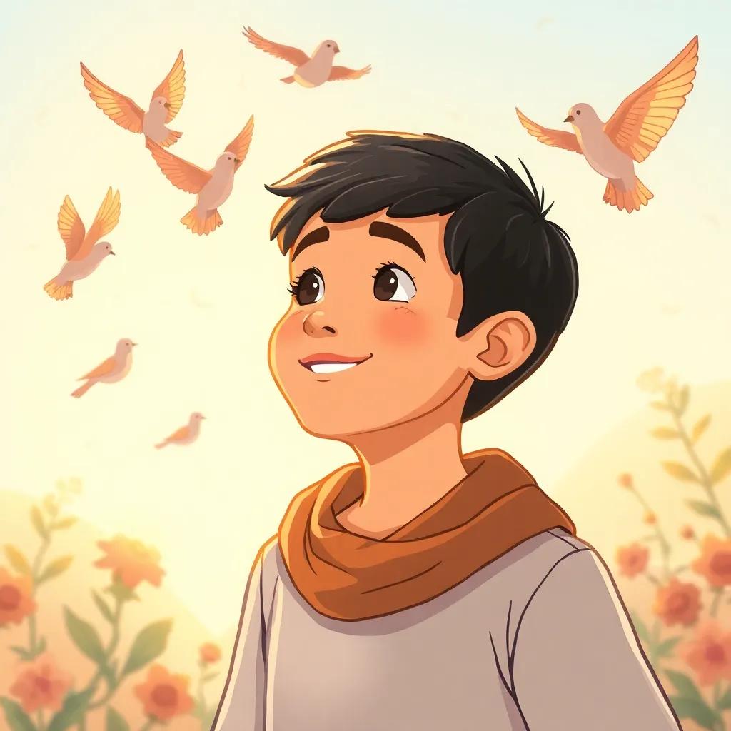 Nasser, a young Middle-Eastern boy, with short black hair, watching sparrows flit away happily in the air, surrounded by warmly lit nature, feeling proud and satisfied, illustration, cheerful, bright colors, high quality