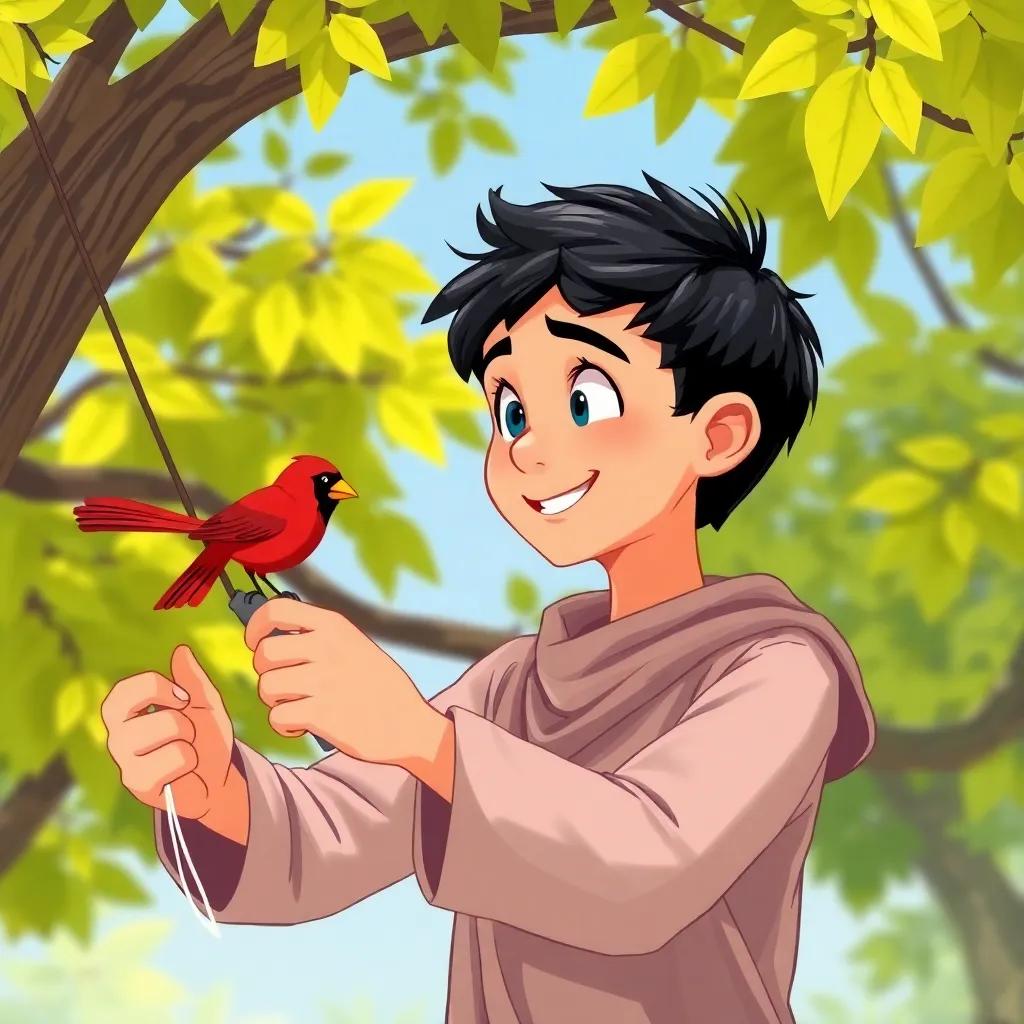 Nasser, a young Middle-Eastern boy, with short black hair, preparing his net again for the cardinal, with excitement visible on his face, bright tree with lush green leaves, vibrant scene, digital painting, animated, fun, high quality