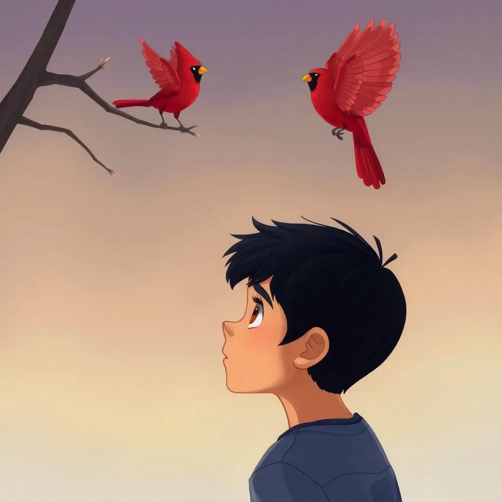 Nasser, a young Middle-Eastern boy, with short black hair, watching a majestic cardinal perched above him, serene atmosphere, expressing wonder, digital art, colorful and calm, high quality