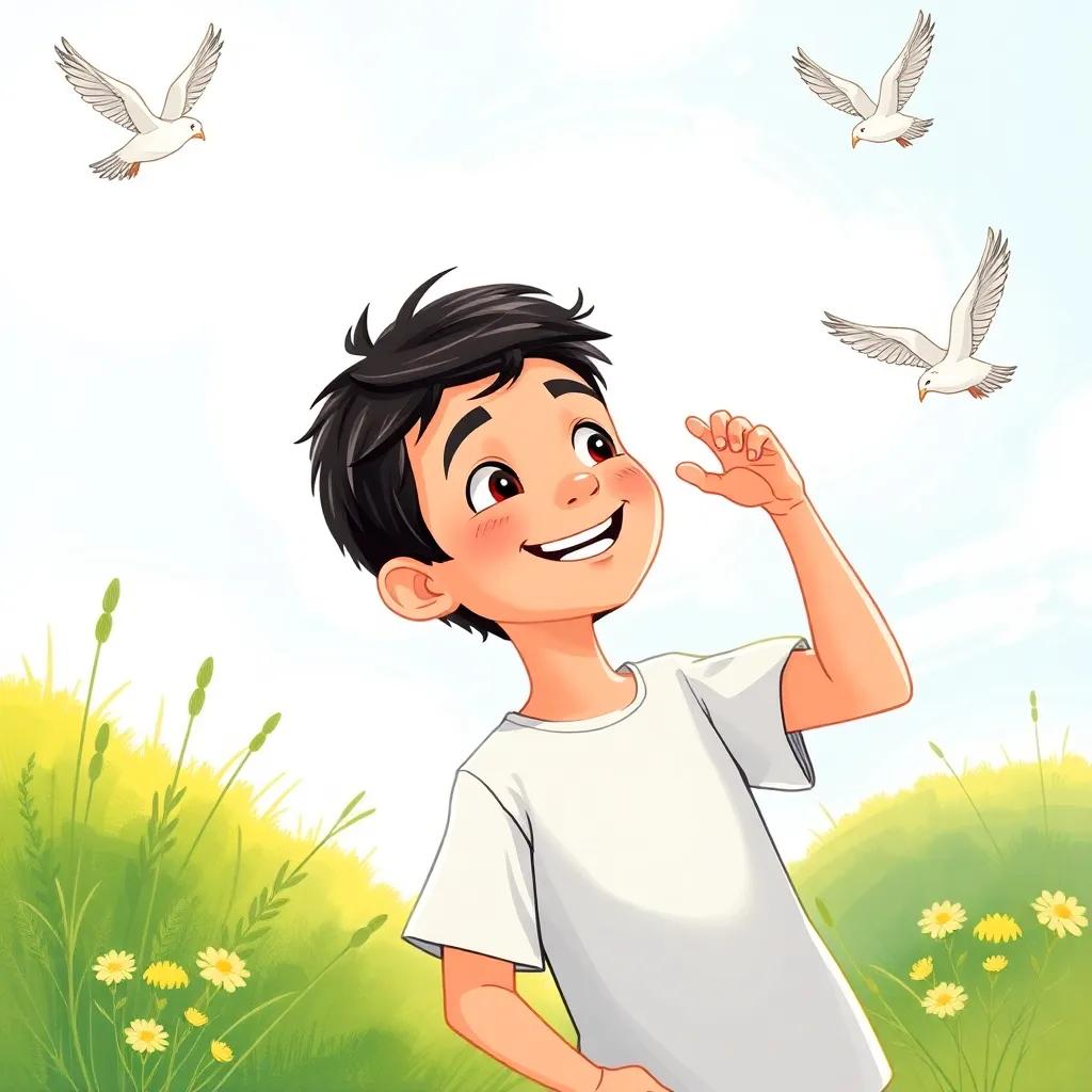 Nasser, a young Middle-Eastern boy, with short black hair, joyfully observing nature with a smile, with birds soaring freely above him, harmonious scene, whimsical, bright colors, uplifting mood, high quality