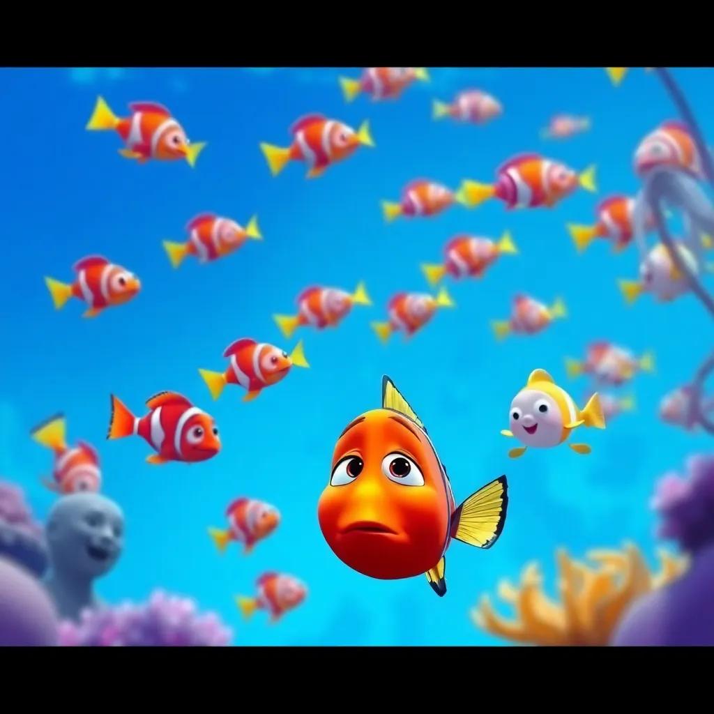 A sad orange fish, Nemo, looking at a school of joyful fish playing together, with a blue ocean background, digital art, vibrant colors, bright and cheerful atmosphere, high quality