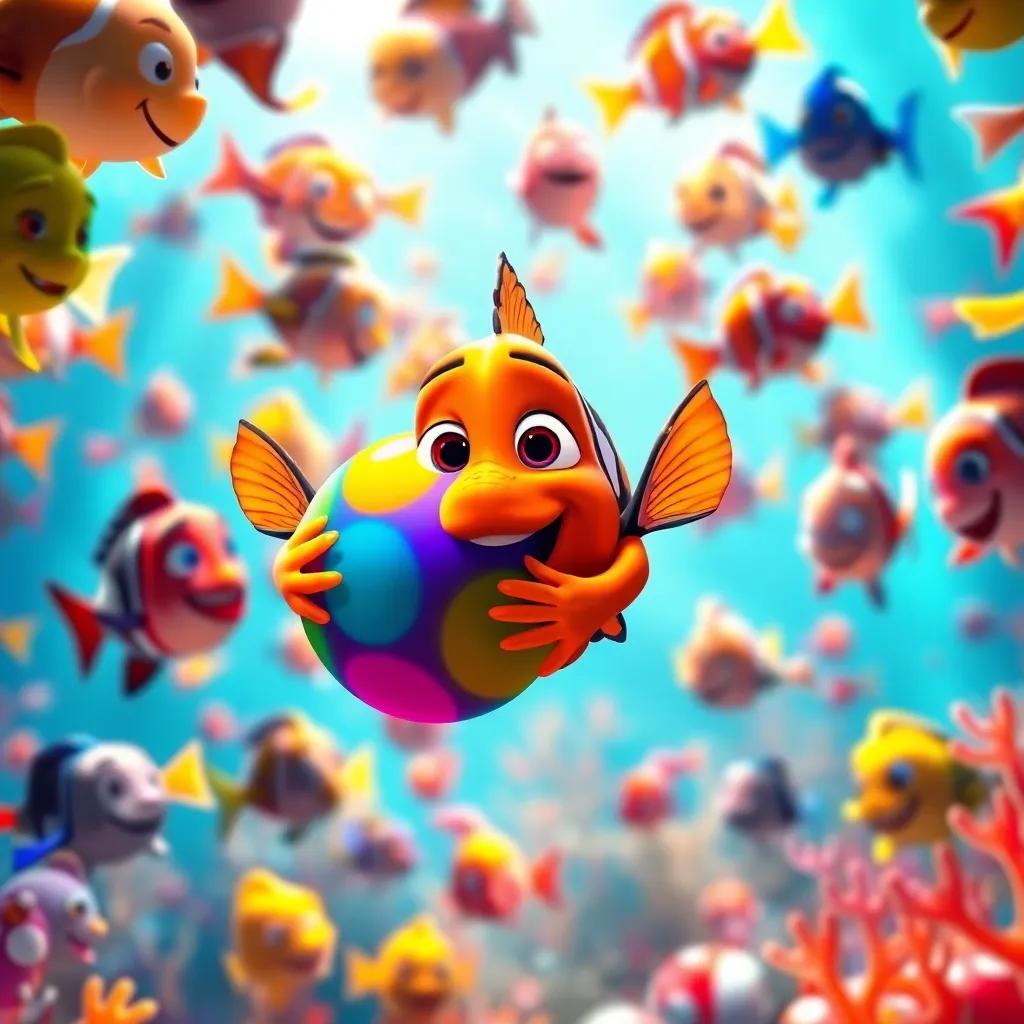 A happy orange fish, Nemo, embracing a colorful ball in the school, surrounded by friendly fish swimming towards him, underwater scene, colorful and playful, joyful light, engaging perspective, high quality